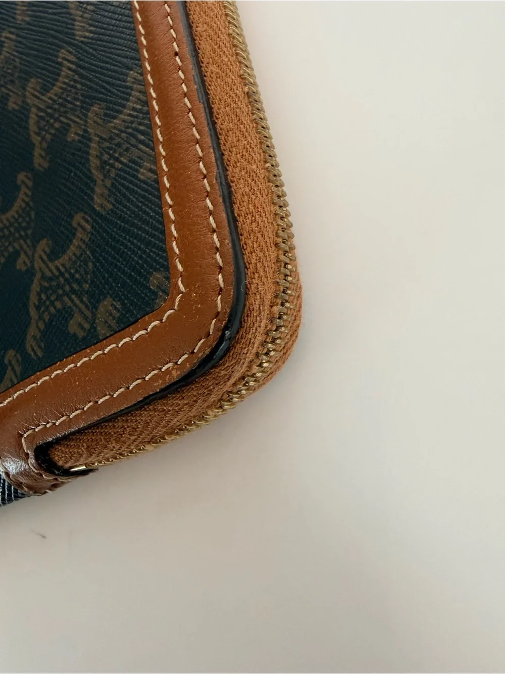 Celine Brown Monogram Canvas Zip Pouch with Tan Leather Trim